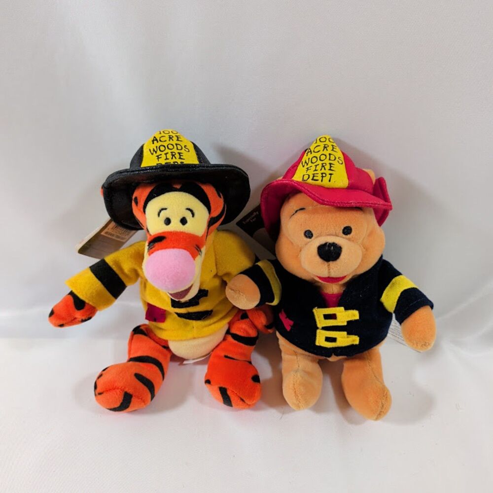 Disney Store Mini Bean Bag Pooh Tigger Firefighter Plush NWT Lot of 2